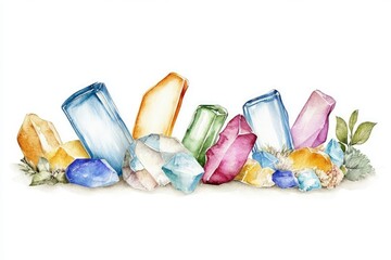 Colorful watercolor illustration of various crystals arranged with foliage on a white background