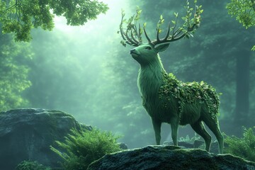 Majestic green deer adorned with leaves in a mystical forest