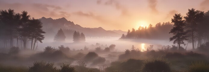 Fototapeta premium Softly glowing mist surrounds a serene landscape at dawn , peaceful, haze, natural