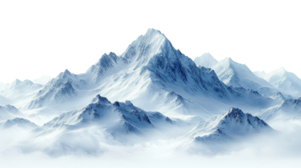 Frozen Peaks: A majestic mountain range, blanketed in pristine snow and shrouded in swirling mist, rises dramatically against a clear sky, evoking a sense of awe and grandeur. 