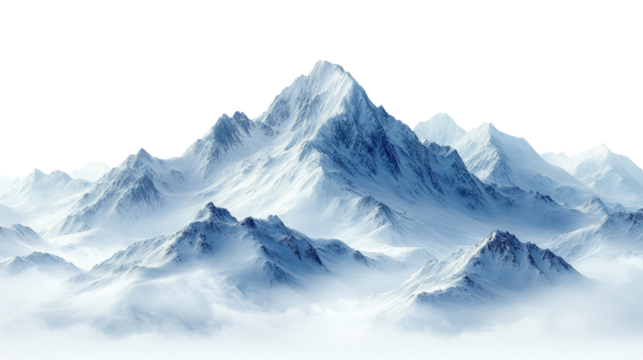Frozen Peaks: A majestic mountain range, blanketed in pristine snow and shrouded in swirling mist, rises dramatically against a clear sky, evoking a sense of awe and grandeur. 
