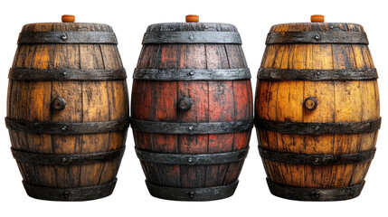 Obraz premium Aged Wooden Barrels Trio: Three rustic wooden barrels, each with unique color variations and weathered textures, stand side-by-side, showcasing their antique charm and potential for storytelling.