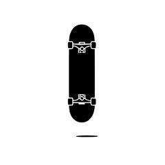 Skateboard Icon: A minimalist silhouette of a skateboard, with a black board, wheels, and trucks on a white background, symbolizes freedom, adventure, and the spirit of skateboarding.