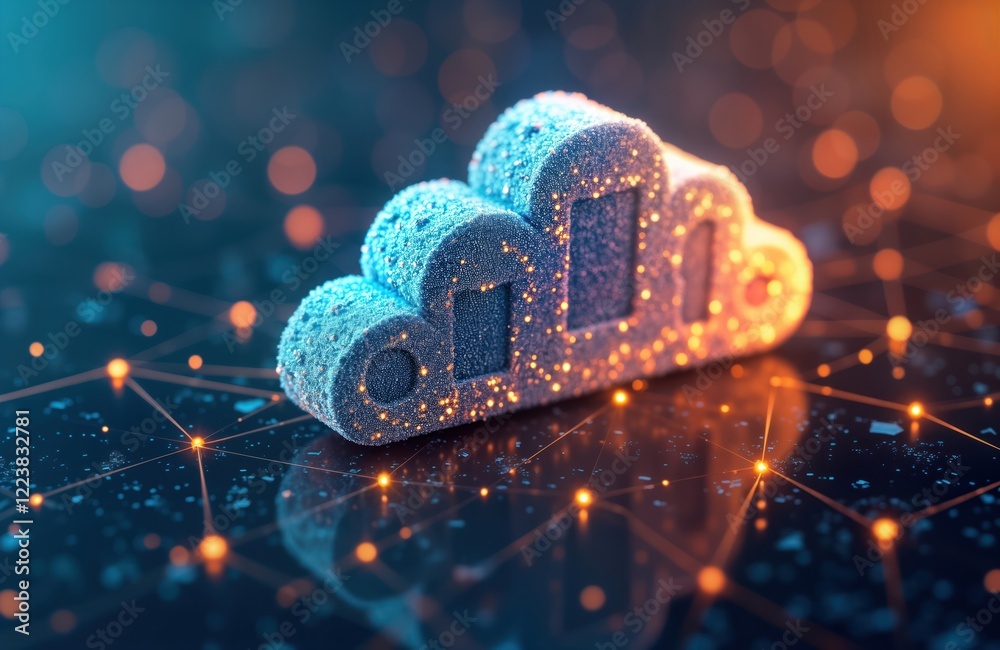 Poster Futuristic illustration of cloud computing. Abstract design with glowing cloud shape. Shows data transfer, network connections in cyberspace. Modern tech concept for digital storage, big data