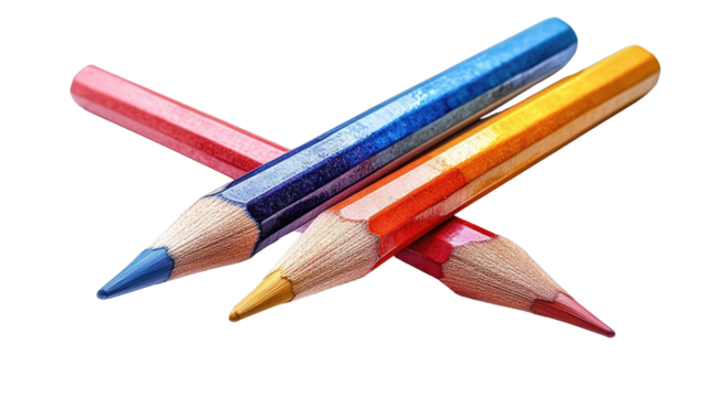 A Palette of Creativity: Three brightly colored pencils - red, blue, and yellow - lie crossed, a visual embodiment of artistic potential.