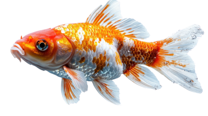 Koi Fish Close-Up: An elegant Koi fish, with vibrant orange, white, and black scales, swims gracefully through clear water, showcasing its intricate patterns and shimmering beauty. 