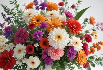 Vibrant floral arrangement on white background,  white, flowers,  decorative