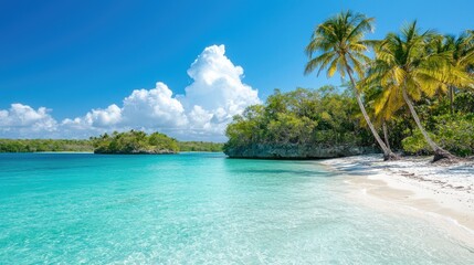 Tropical beach paradise turquoise water, palm trees, white sand. Vacation getaway