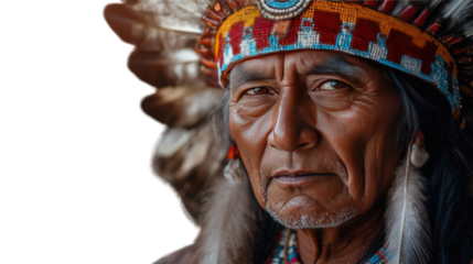Native American Elder: A powerful portrait of a Native American elder, adorned in a traditional headdress with colorful feathers, his eyes conveying a lifetime of wisdom and resilience.