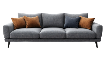 Modern Grey Sofa with Cushions: A stylish and contemporary grey sofa featuring sleek lines, black legs, and a trio of throw pillows in earthy tones. The sofa is an invitation to relax, unwind.