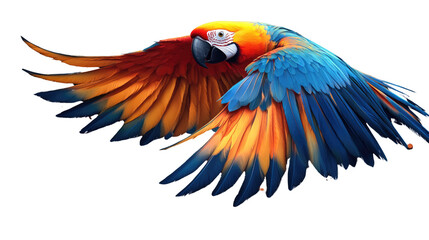 Fototapeta premium A Burst of Color: A vibrant macaw with red, yellow, and blue feathers in full flight against a pristine background, capturing the essence of freedom and the beauty of nature. 