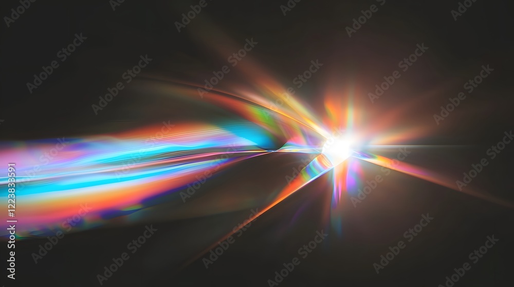 Poster Mesmerizing abstract prism light leak texture with dreamy flare and glowing bokeh effects on a dark background creating a magical and atmospheric overlay for photo enhancement and visuals