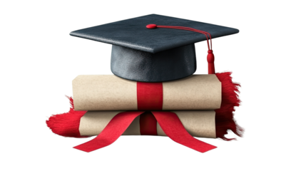 Graduation Symbol: A symbolic image representing the pinnacle of academic achievement, featuring a graduation cap placed atop a stack of diploma scrolls bound with a red ribbon. The cap is dark blue.