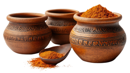 Earthy Spices in Clay Pots: A trio of rustic clay pots with intricate carvings holds a vibrant orange spice powder, adding a touch of warmth and flavor to any culinary creation.
