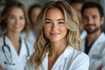 Diverse Medical Team Group Portrait with Experienced Female Chief Physician and Multicultural Staff in Warm Lighting