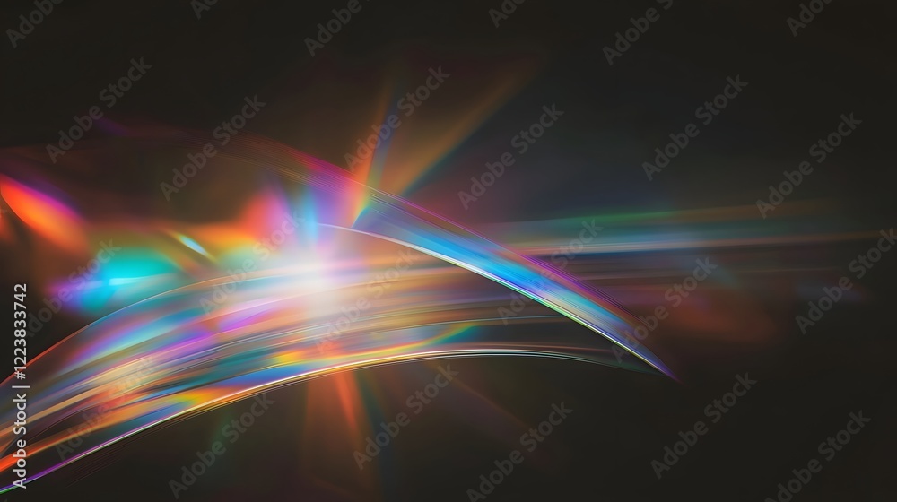 Poster Captivating prism inspired light leak texture featuring shimmering flares and glowing bokeh effects scattered across a dark abstract background