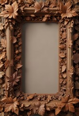 Vintage wooden frame with intricate carvings of leaves and acorns, rustic frames,  leaf patterns,  wooden border