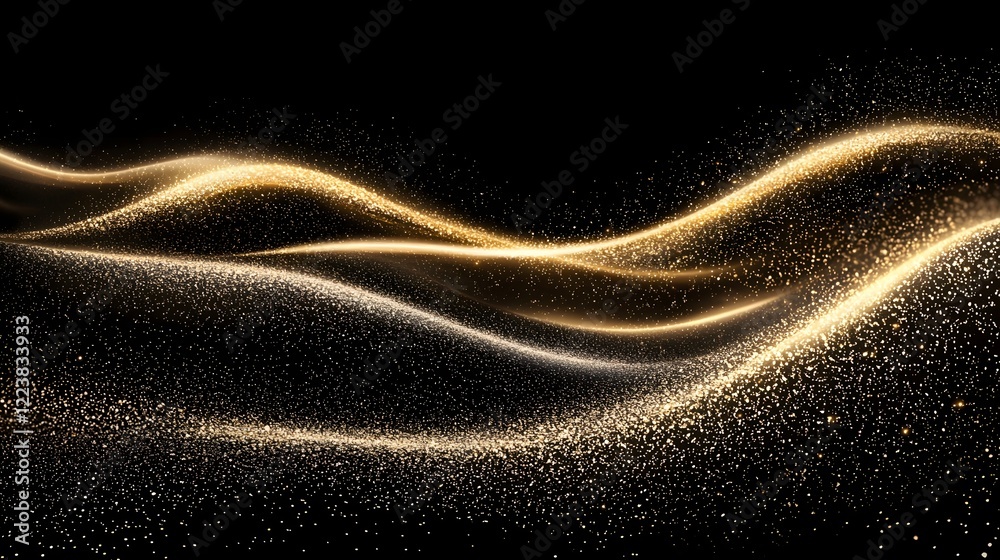 Aufkleber stunning gold glitter particles forming a dynamic and ethereal wave pattern on a sleek black backgro