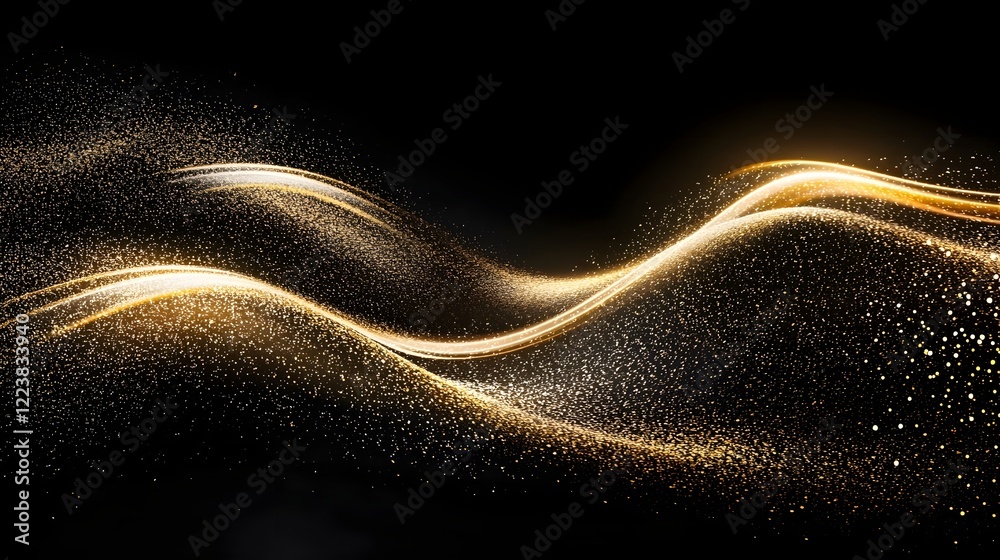 Poster Stunning gold glitter particles creating a captivating wave pattern on a sleek black background radiating elegance sophistication and a shimmering premium texture that is ideal for luxury branding