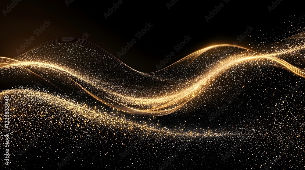 Aufkleber stunning golden glitter particles forming a dynamic undulating wave pattern on a sleek jet black bac
