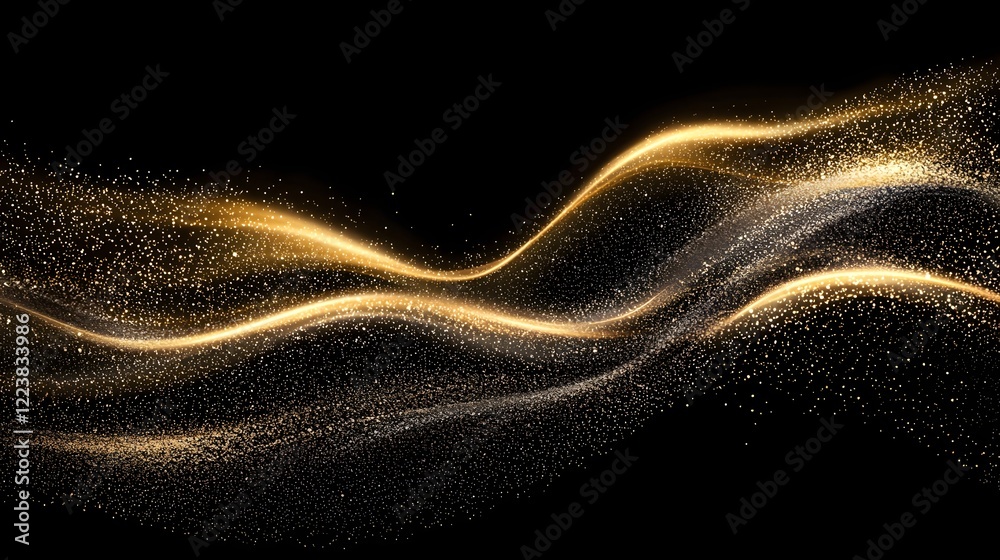 Poster elegant gold dust glitter sparkle waves flowing gracefully across a deep black background creating a