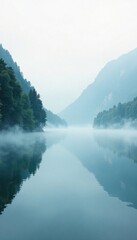 Soft mist rising from a serene lake on an abstract white background , nature, water
