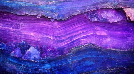 Naklejka premium Abstract vibrant mineral texture pattern with rich purple and blue tones depicting layers of quartz stone geology for design in contemporary art poster, background, or print projects