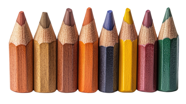 Colored Pencils Row: A vibrant collection of sharpened colored pencils arranged in a neat row, showcasing a spectrum of rich hues and textures.  Each pencil displays its unique color intensity.
