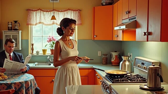 A 1980s housewife cooked in a retro kitchen, with a classic toaster and coffee pot nearby, while her husband reads the newspaper.