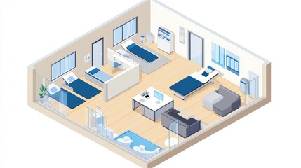 Obraz premium Isometric View of a Modern Hospital Room Design Featuring Comfortable Beds, Modern Equipment, and a Relaxing Atmosphere for Patient Care.