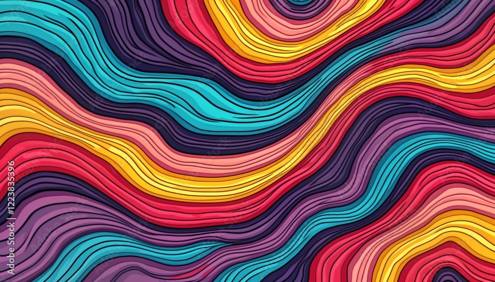 Aufkleber colorful wavy lines create vibrant psychedelic pattern. rainbow colors swirl in fluid motion. abstra