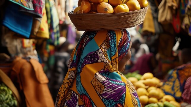 A Tanzanian woman wearing a colorful Kanga wrap with a Swahili proverb printed on it, standing in a bustling market. She carries a basket of fruits on her head, and the background features vibrant tex