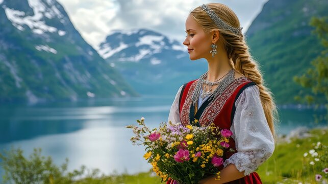 A Norwegian woman wearing a traditional Bunad with intricate silver jewelry, standing in a fjord landscape. She holds a bouquet of wildflowers, and the background features snow-capped mountains and a 