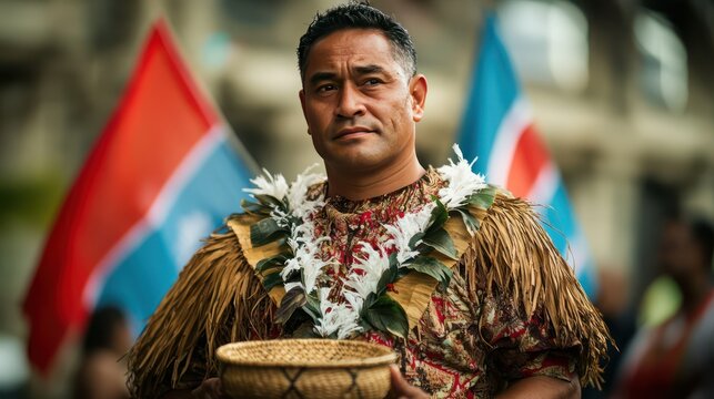 A Tongan man wearing a traditional Tupenu (skirt) and Ta&Ecirc;&raquo;ovala (woven mat), standing in front of a royal palace. He holds a kava bowl, and the background features Tongan flags and traditional archite