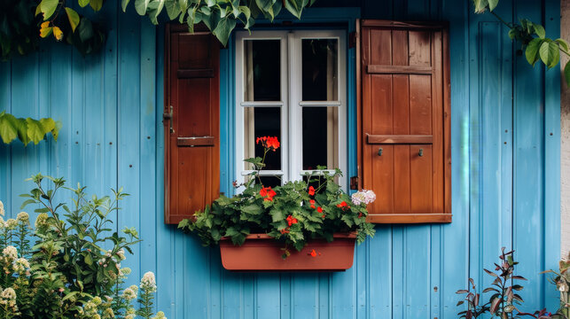 charming blue house with window adorned with flowers and wooden shutters