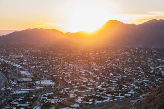 Mountaintop sunrise view of Palm Desert near Rancho Mirage and Palm Springs in Southern California.  
