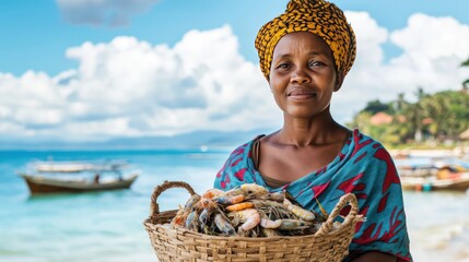 A Malagasy woman wearing a traditional Lamba wrap, standing in a coastal village. She holds a woven basket filled with seafood, and the background features the Indian Ocean and fishing boats. The Lamb
