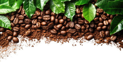 Obraz premium Coffee Bean Border: A captivating border composed of rich, roasted coffee beans and lush green leaves, arranged against a pristine backdrop.