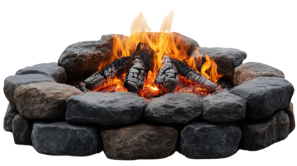 Cozy Campfire Pit: A crackling fire blazes brightly within a circular stone fire pit, perfect for chilly evenings and outdoor gatherings.