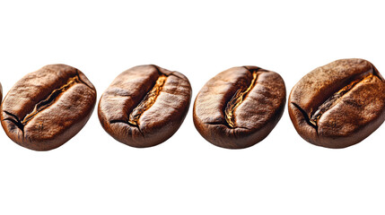 Obraz premium Coffee Bean Line-up: Four perfectly roasted coffee beans, lined up in a row, showcasing their rich, dark brown color, subtle texture, and distinctive shape, ready to tantalize your senses. 