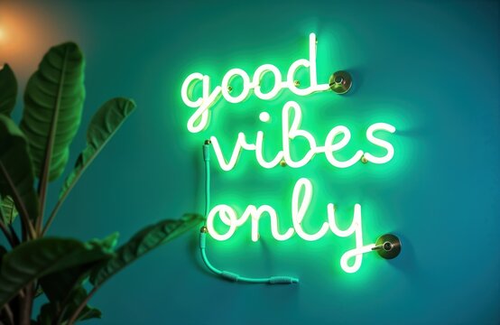 Neon sign glows with words Good Vibes On turquoise wall. Green neon letters create positive message. Plant leaves beside sign. Stylish, motivational. Interior design. Stylish cafe bar decor. Modern