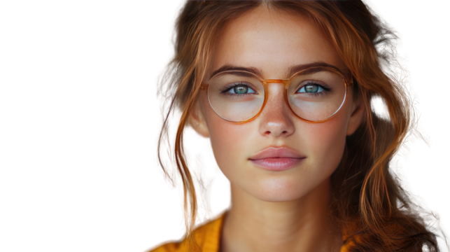 A Woman's Gaze: Captivating portrait of a woman with striking blue eyes and auburn hair, accentuated by round-rimmed glasses, exuding a confident and alluring aura. Her gaze holds a subtle intensity.