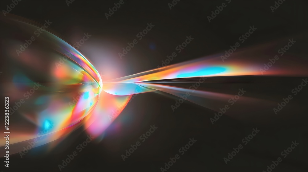 Poster Stunning abstract prismatic light leak effect with shimmering glow scattered bokeh highlights and dynamic flares on a rich black background