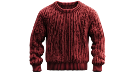 Crimson Knitted Sweater: A classic, cozy maroon sweater with a cable knit pattern, perfect for those chilly autumn and winter days. The soft, textured fabric offers warmth and comfort. 