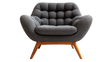 Comfy Button Tufted Armchair: A stylish and comfortable gray fabric armchair with a button-tufted design and light wood legs. Perfect for adding a touch of modern vintage style to any living space. 