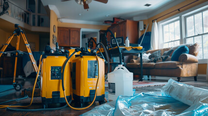 Industrial mold removal equipment setup in residential living room