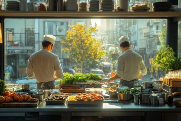 Chefs Preparing Fish in Modern Kitchen with Natural Light
