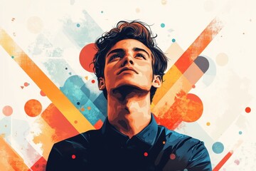 Vibrant and Dynamic Abstract Portrait of a Contemplative Young Person Amidst Colorful Geometric Shapes and Patterns with Expressive Brushstrokes