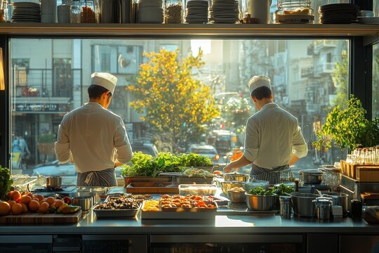Chefs Preparing Fish in Modern Kitchen with Natural Light