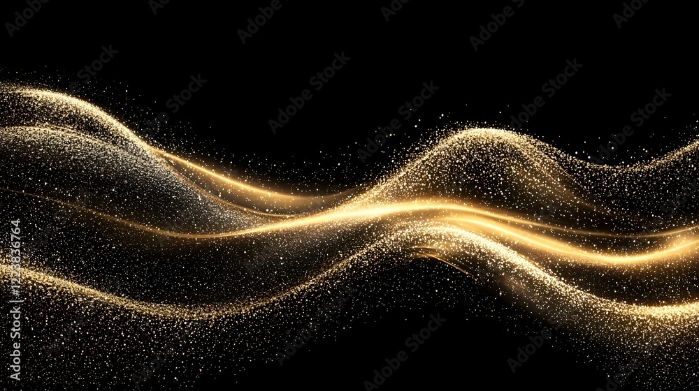Poster Mesmerizing gold dust sparkle texture forming delicate waves against a sleek black background creating a captivating and high end visual effect perfect for glamorous and luxurious designs